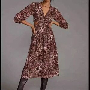Anthropologie Ranna Gill Leopard Print Cut Out Midi Dress Med NEW Festival